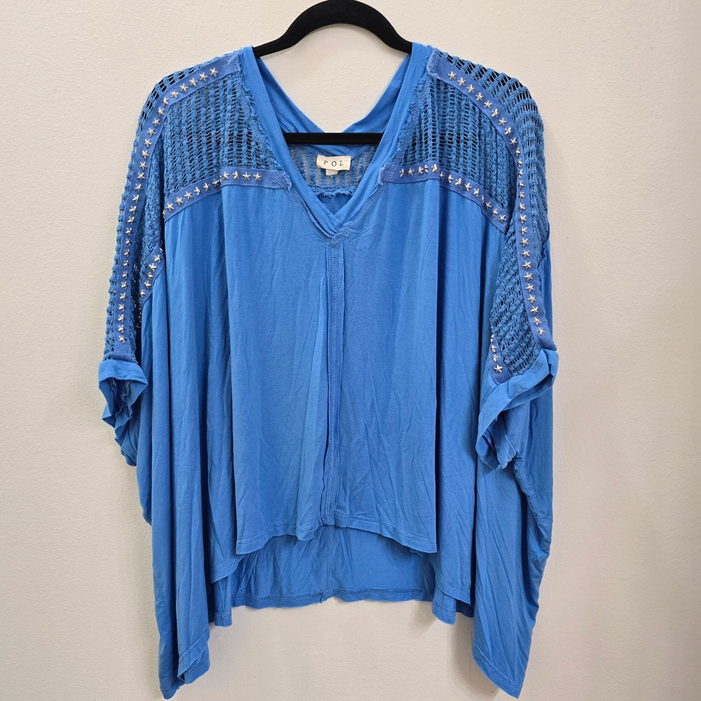 POL Clothing Blue Star Studded Crochet High Low V-Neck Top One Size Boho